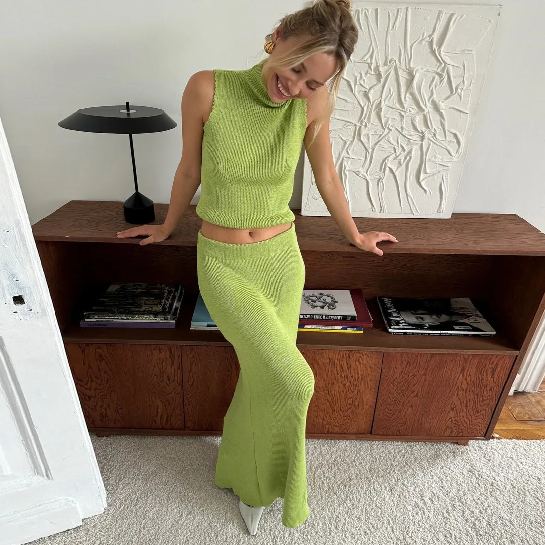 Elegant Sweater Two Pieces Set Sleeveless Knitted Turtleneck Vest High Waist Skirt Female Solid Slim Dress Sets 2025 New