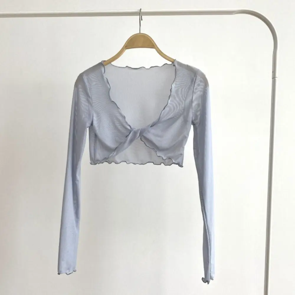 Comfortable Ruffle Mesh Knot Cardigan Long Sleeve V-neck Transparent Cardigan Korean See Through Shirts for Women Travel