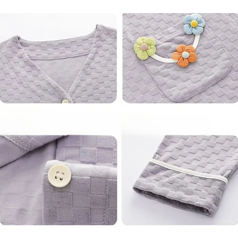 2024 New Women Sleepwear Spring Autumn Pure Cotton Long-Sleeved Casual V-neck Pajamas Suit Female Sweet Cardigan Homewear Suit
