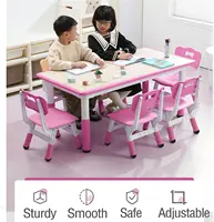 Kindergarten Kids Table and Chairs Set Toddler Height Adjustable Desk with Graffiti Desktop, Arts & Crafts Table with 6 Seats 2