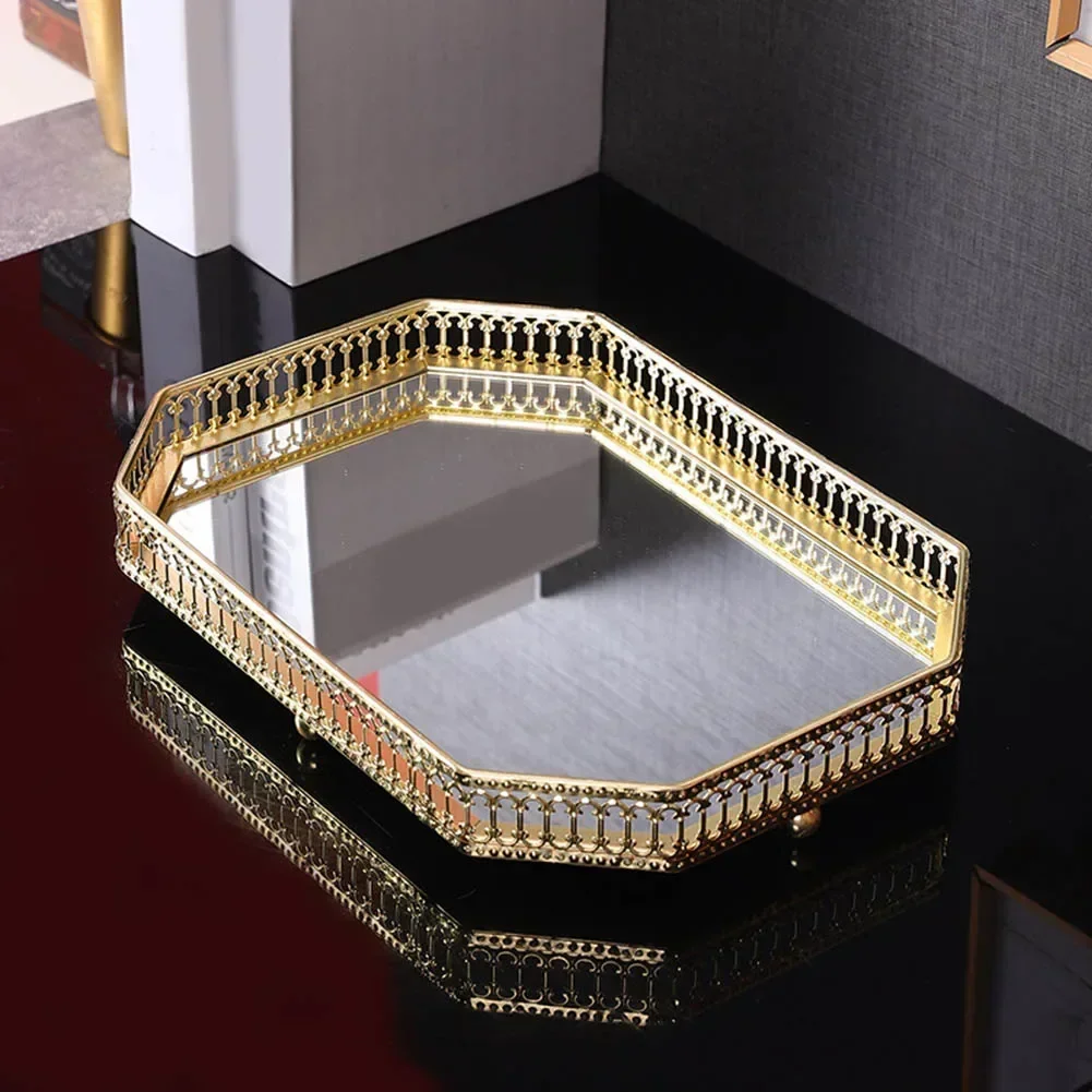 European Glass Metal Storage Tray Gold Decor Luxury Home Decor Jewelry Display Living Room Mirror Glass Tea Tray Table Storage 5