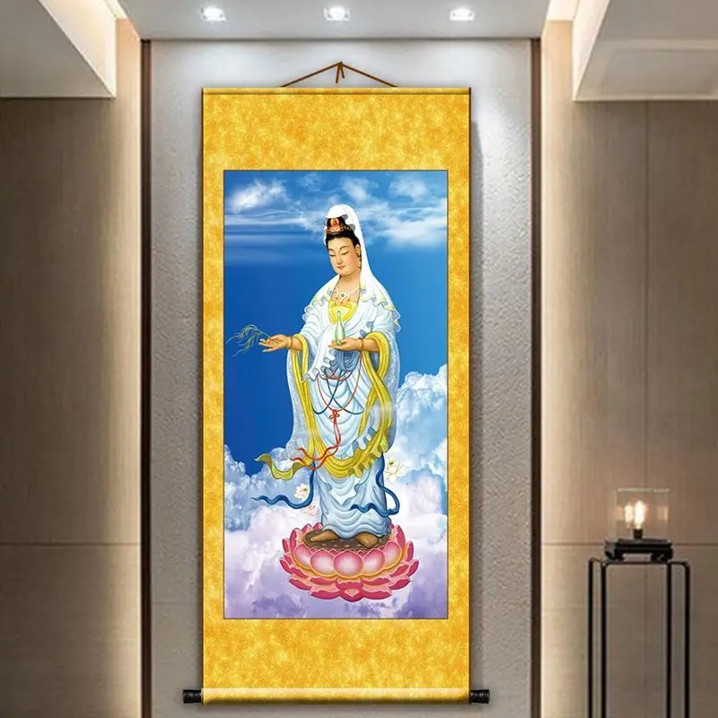 

Traditional Chinese Style Scroll Wall Art Paintings Avalokitesvara Retro Vintage Room Decor Aesthetic Fengshui Hanging Posters