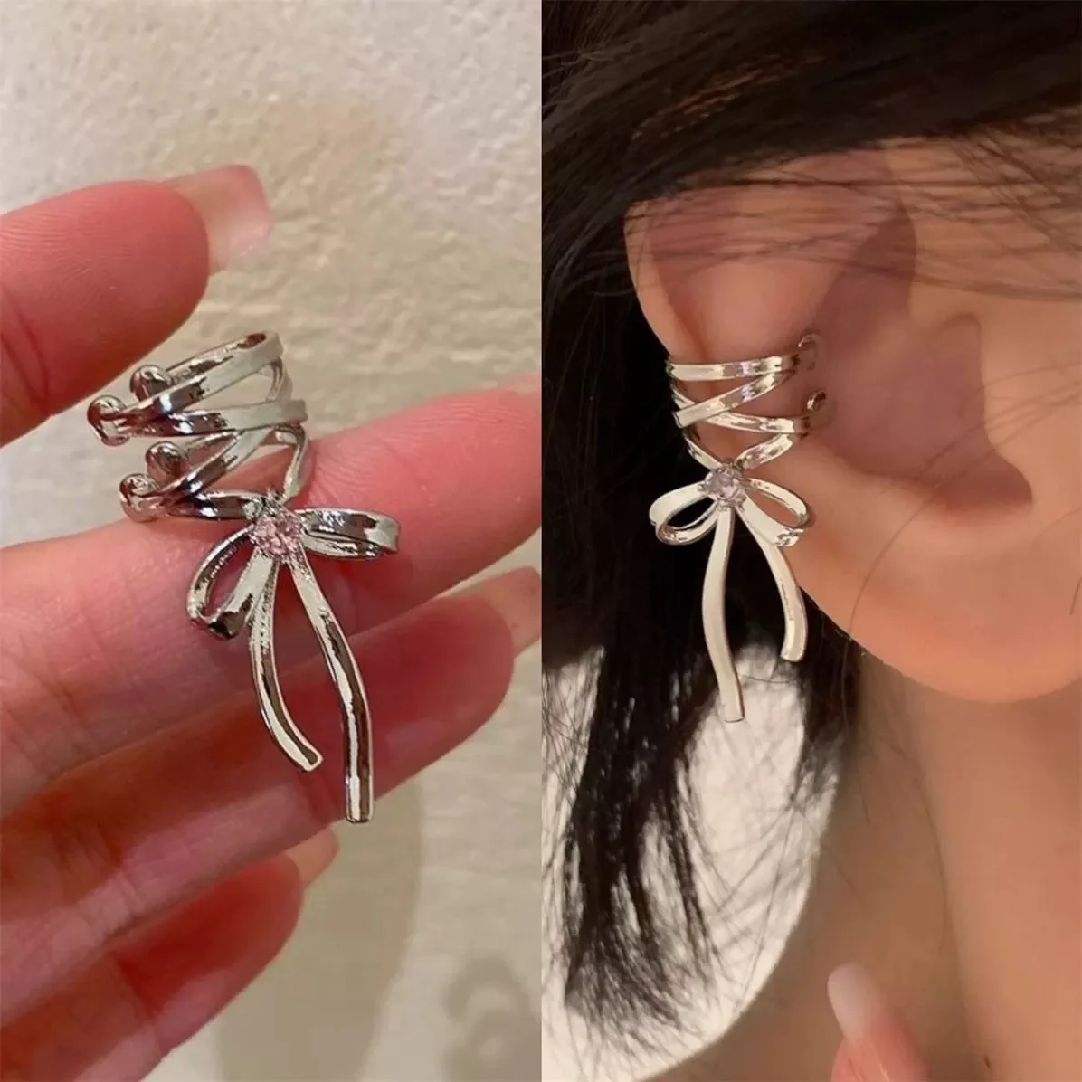 Girls Ribbon Aesthetics Ear Clips Ballet Style Ribbon Bow-knot Ear Cuff Women Korean Fashion Kpop Earring Jewelry