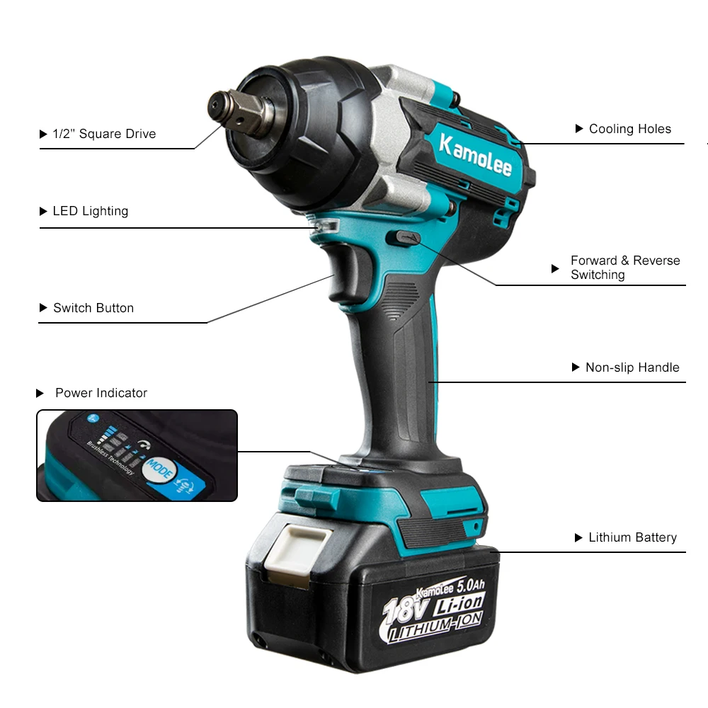 Kamolee DTW700 1800NM Brushless Cordless Impact Wrench 1/2 Speed High Effieiency Durable Auto for Kamolee/Mak 18/21V Battery — view 3