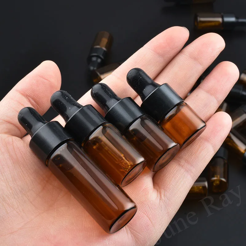 20/50/100pcs 1/2/3/5ml Amber Empty Glass Bottles Aromatherapy Essential Oil Refillable Bottles Dropper Bottle With Black Cap