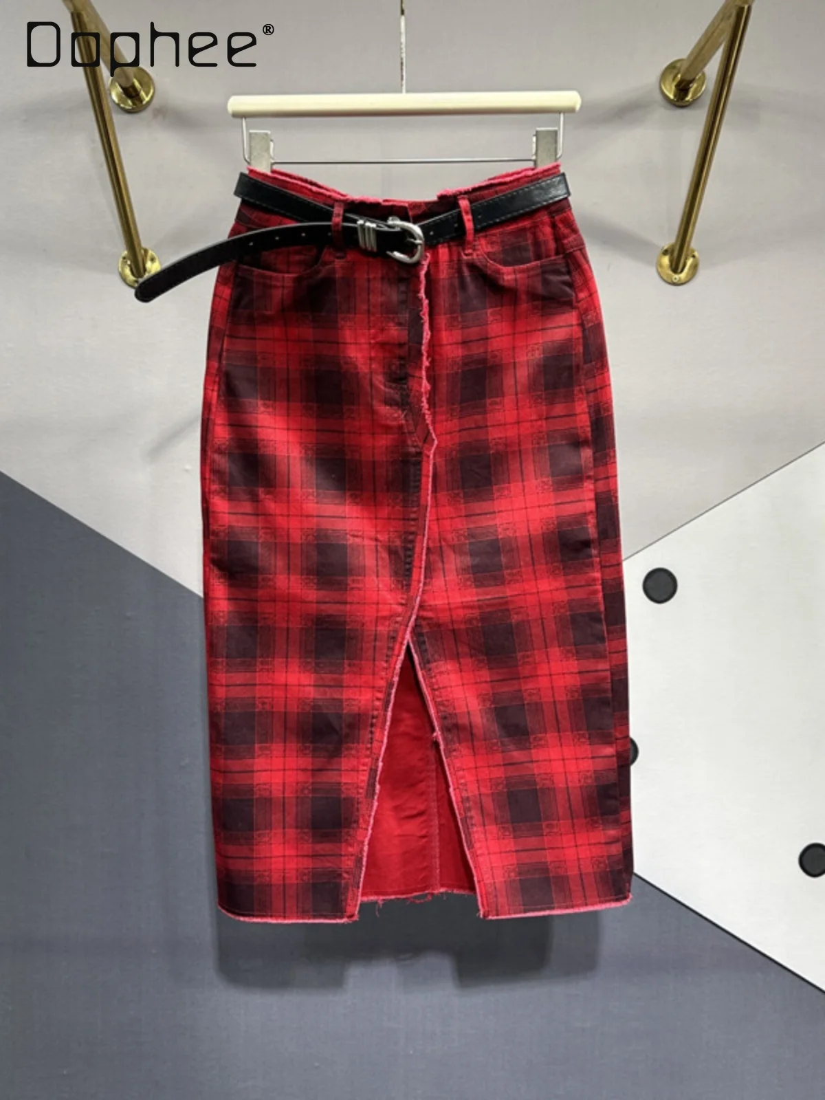 Retro Red Plaid Denim Midi Skirt for Women 2024 Spring New Streetwear Versatile High Waist Slim Slit Mid-length Hip Skirt Ladies winter warm jeans women high waist cotton elastic stretchy denim pants for ladies soft pencil pants slim fleece woman jeans