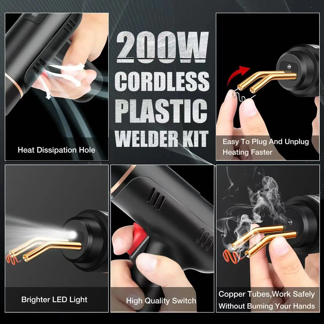 200W Hot Stapler Plastic Welders Rechargeable Plastic Welding Machine Bumper Repair Kit Soldering Iron Plastic Car Bumper Repair 5