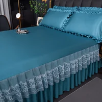 New 3 Pcs/set Modern Royal Blue Bedspread Cool Bed Skirt Machine Washable Sheets Bed Skirt with Elastic Band for Queen King Size 4