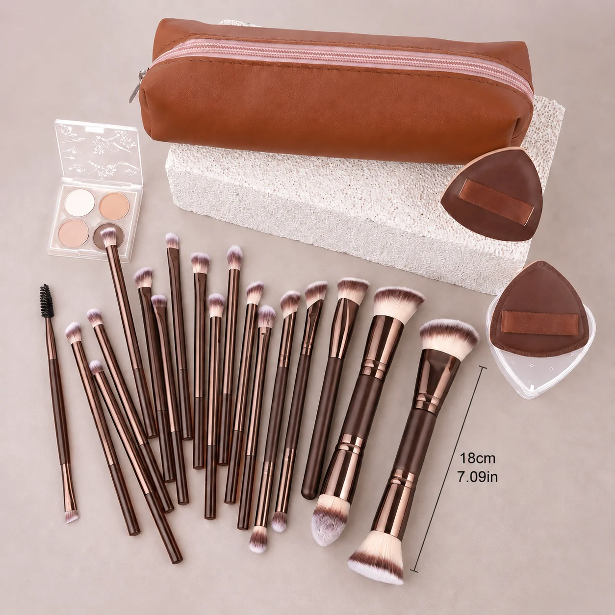 Travel Makeup Brush Set with Storage Box, 20-Piece Makeup Tools, Multifunctional Essential, 18-Piece Brushes with 2 Sponge Pads, 6