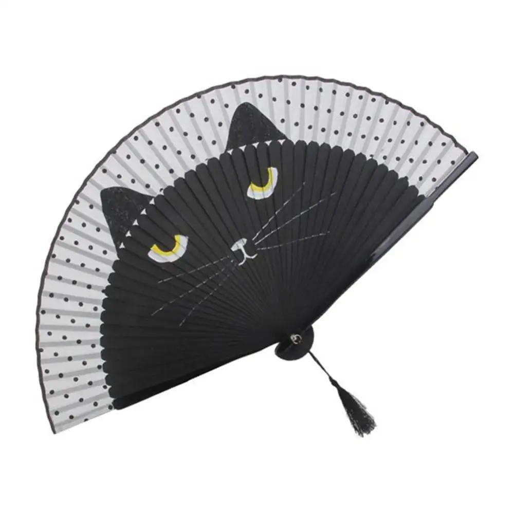 Vintage Cat Pattern Tassel Dancing Folding Hand Fan Craft Gift Home Decoration Fan Summer Fodable Hand Fan Anime Style Kids Fans