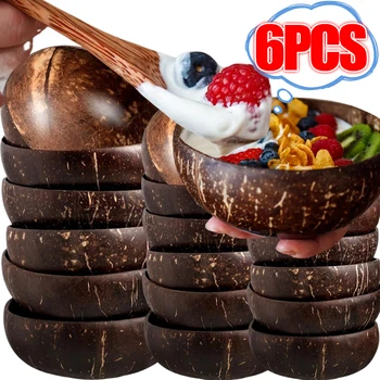 6/1PCS Natural Coconut Bowl set wooden Salad Ramen bowl Coconut Wood Spoon Set coco smoothie Kitchen tableware Coconut bowl