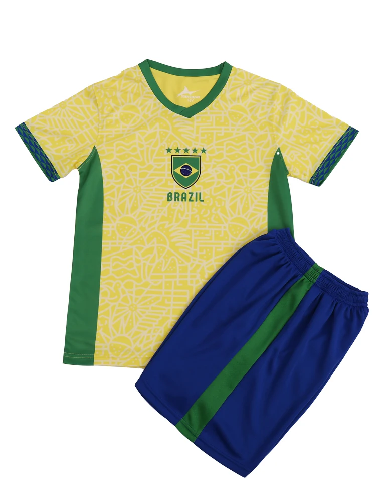 Suruida Kids' Brazil Football Jersey Boys and Girls Sport Sets Quick Dry Children Soccer Jersey Kits