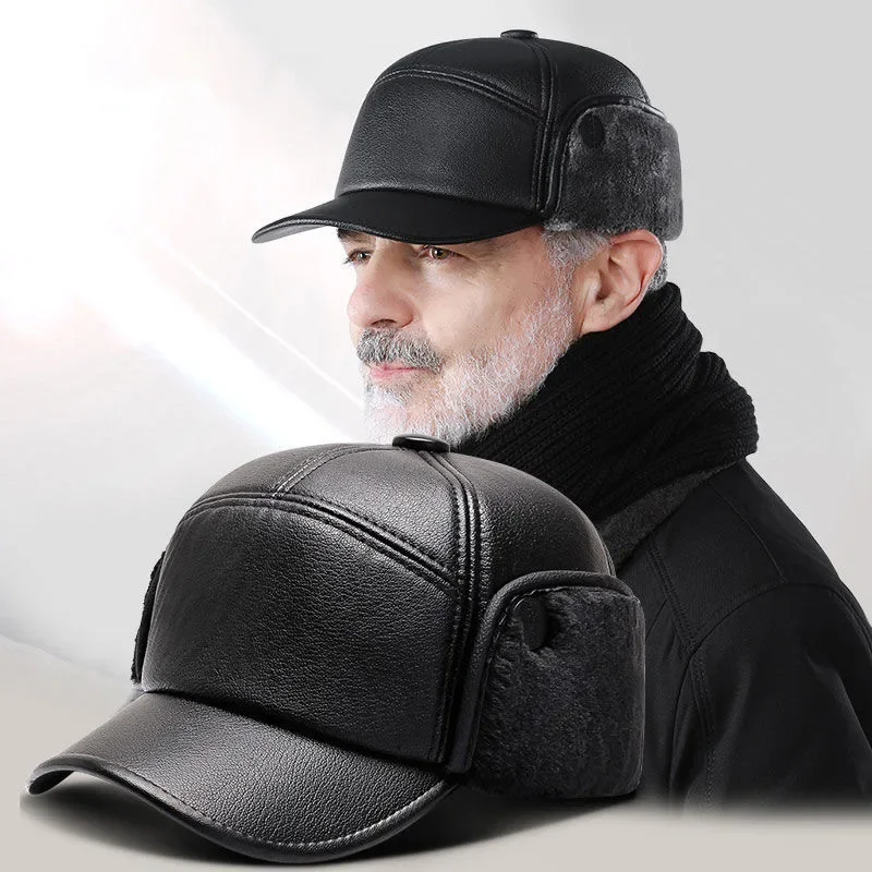 Older Winter Warm Hat Elderly Men's  Woolen Leather  Hat Fleece Lining Thickened Windproof Ear Protection Duckbill Cap