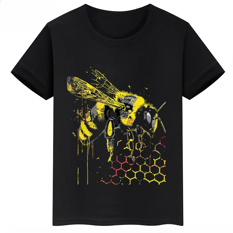 thumbnail image 1 of Ropa infantil con estampado de abejas, camisetas negras de manga corta de verano para niños, camisetas de algodón personalizadas para niños y niñas, 1 of 5