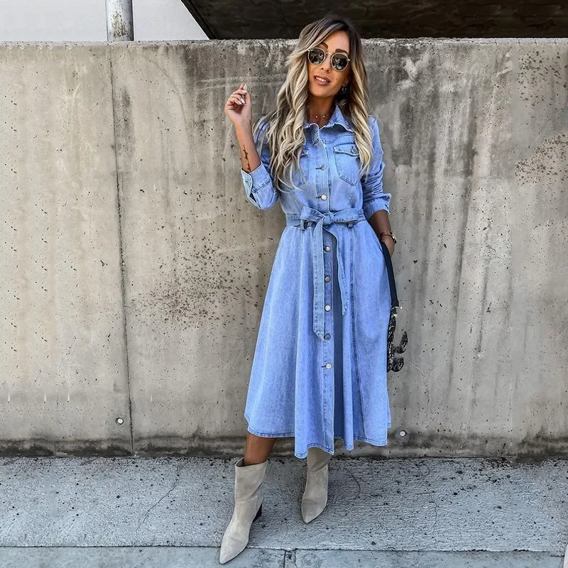 

High Waist Pocket Dress for Women Single-breasted with Belt Long Sleeve Summer Dress Womens Long Dress Casual Denim Shirtdress
