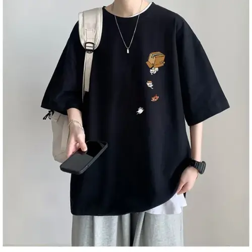 M-8XL Men Oversized Korean Fashion Loose American Vintage Carton Kitten Print Short Sleeve Versatile Trend Couple Outfit - Image 5