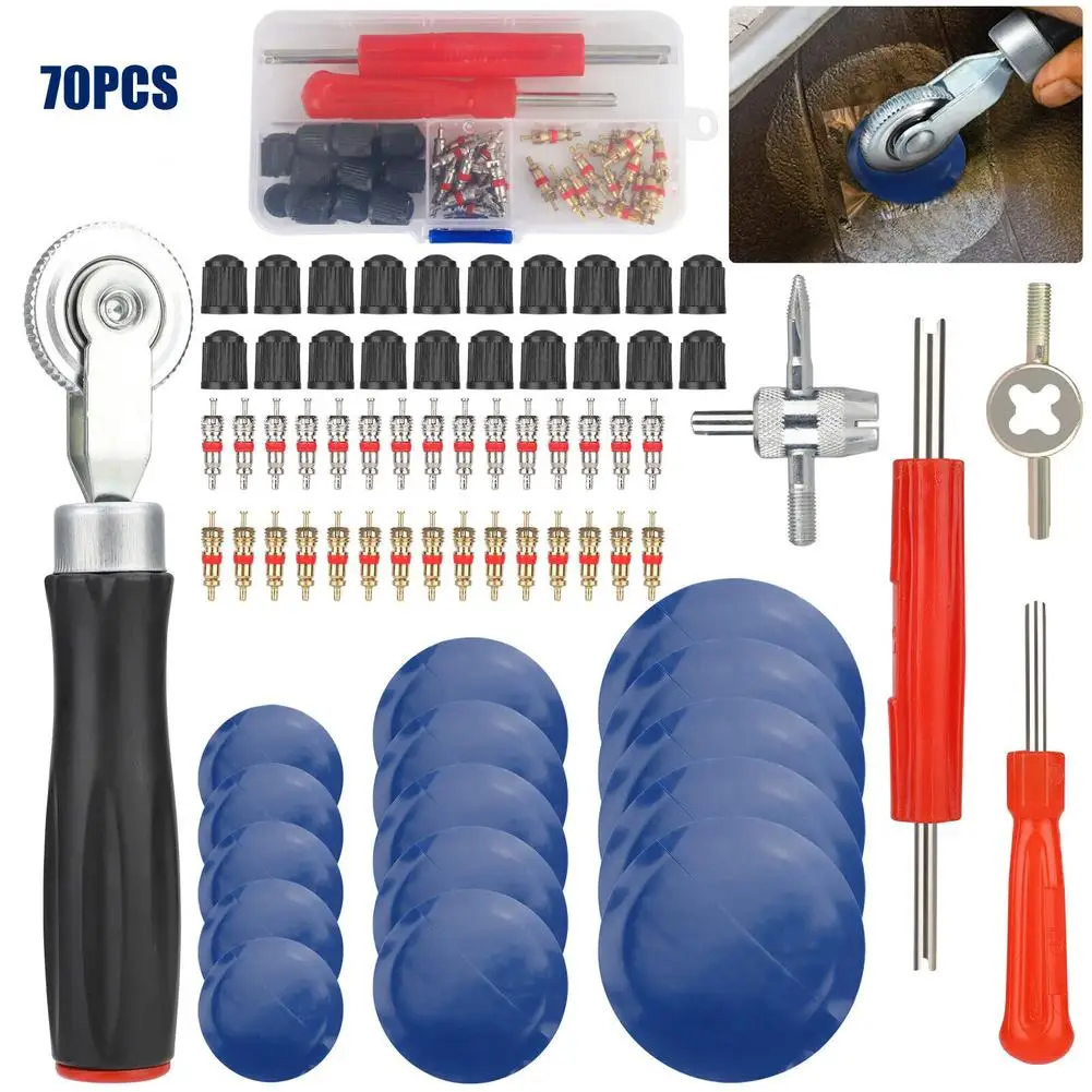 

70Pcs Car Tire Patch Roller Tool Kit 32mmm/42mm/58mm Patches Tire Valve Stem Cores Caps Dual Head Valve Core Remover Tool