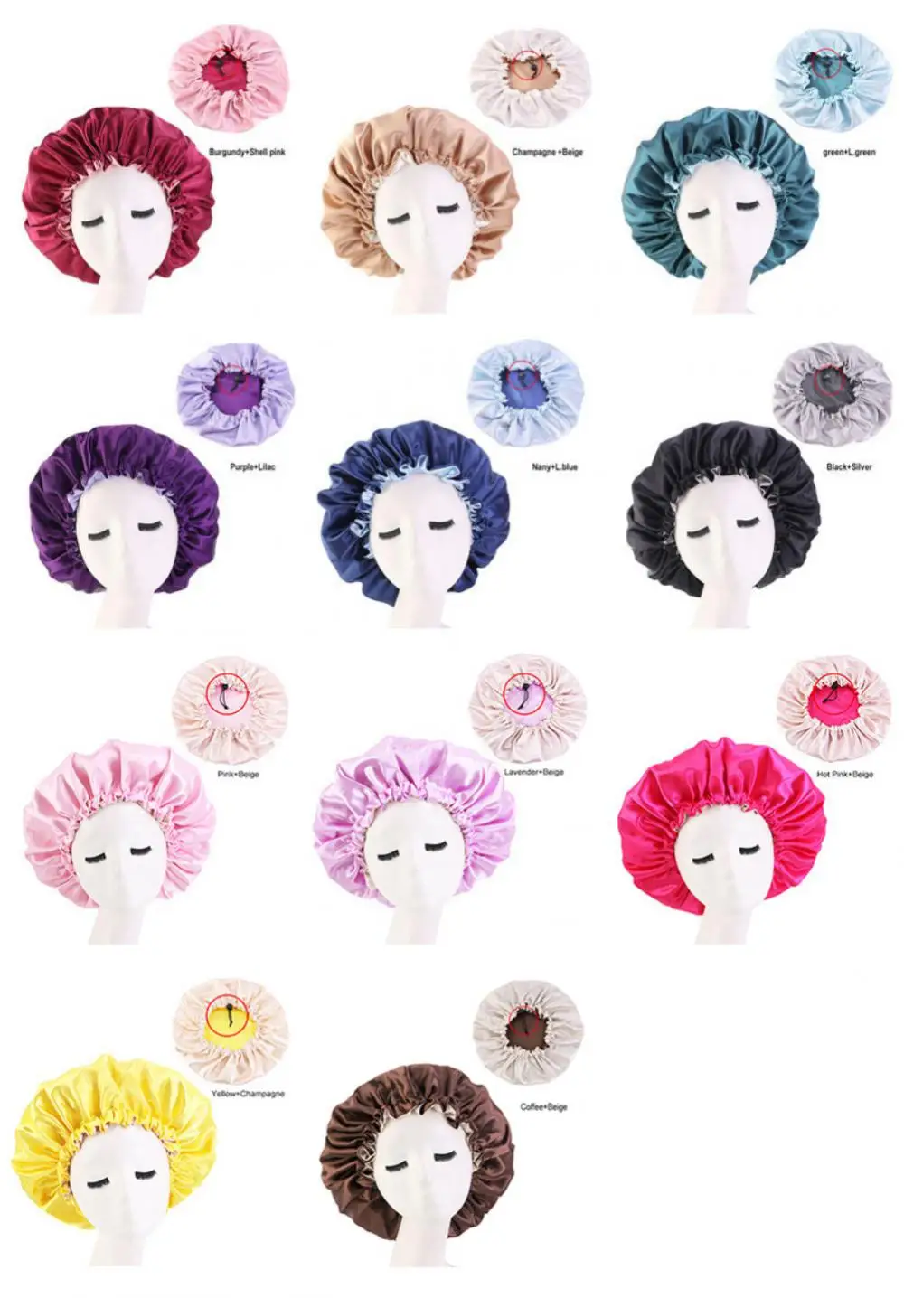 Description Picture 2 of item1/2PCS Reversible Satin Bonnet Hair Caps Double Layer Adjust Sleep Night Head Cover Hat For Curly Springy Hair Styling