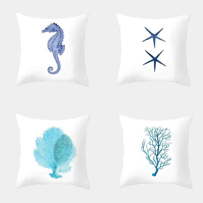 

White Decorative Pillow Sofa Happy Easter Sea Cushion Cover Seahorse Starfish Coral Blue Pillowcase