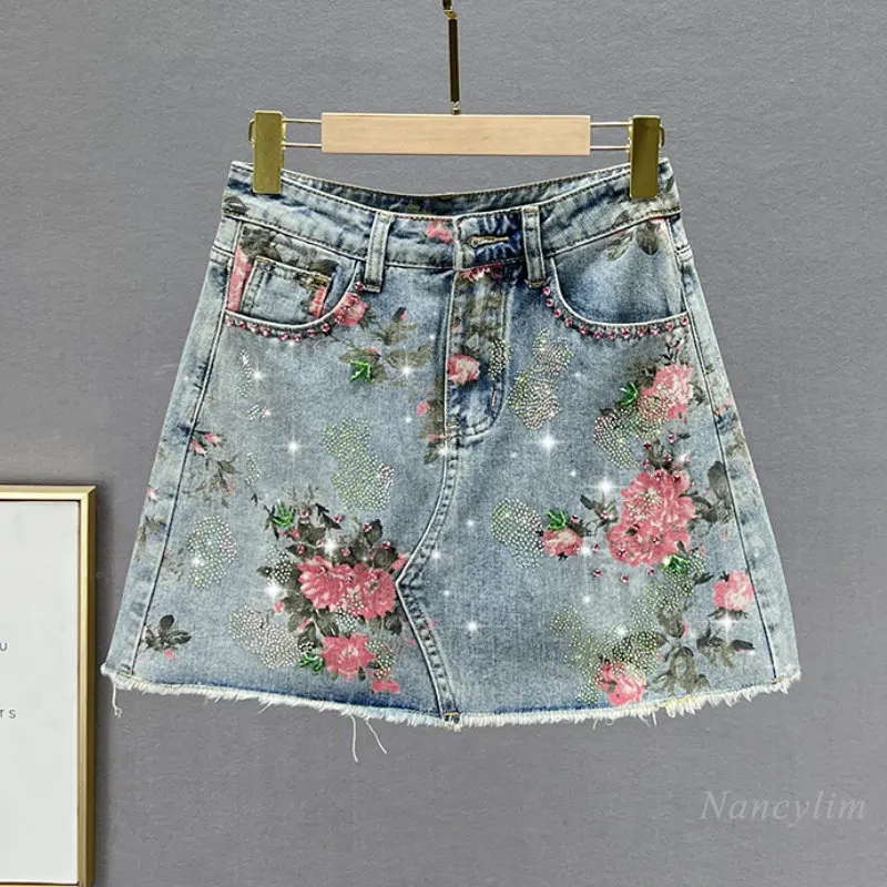 

Floral Printed Denim Skirt for Women 2023 New Summer High Waist Loose Slimming All-Matching Rhinestone A- Line Short Mini Skirts