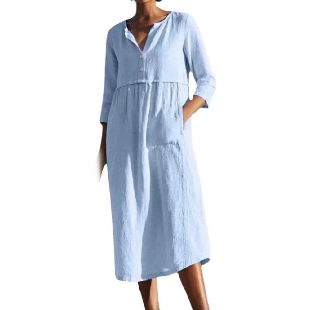 

Women Dress Solid Color Loose Midi Dress Half Sleeve Pockets Buttons Cotton Linen Midi Dress