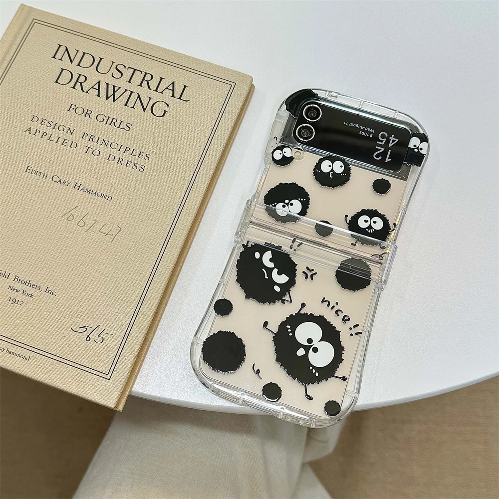 Adorable Coal Ball Plush Lanyard Phone Case with Airbag Frame and Hinge 3-in-1 Cover