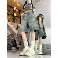 Casual Floral Print Loose Wide Leg Womens Jeans New American Retro Star Design Straight Leg Comfort Stretch Soft Denim Shorts - Image 5