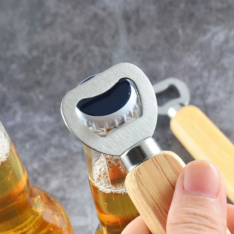 Portable Stainless Steel Beer Bottle Opener with Wood Handle