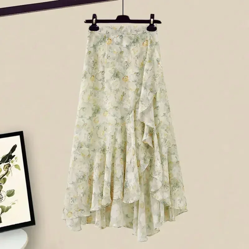 

Large Size Spring and Summer Women's Suit New Korean Fashion Slim and Fresh Short Sleeve Floral Skirt Two Piece Skirt Suit