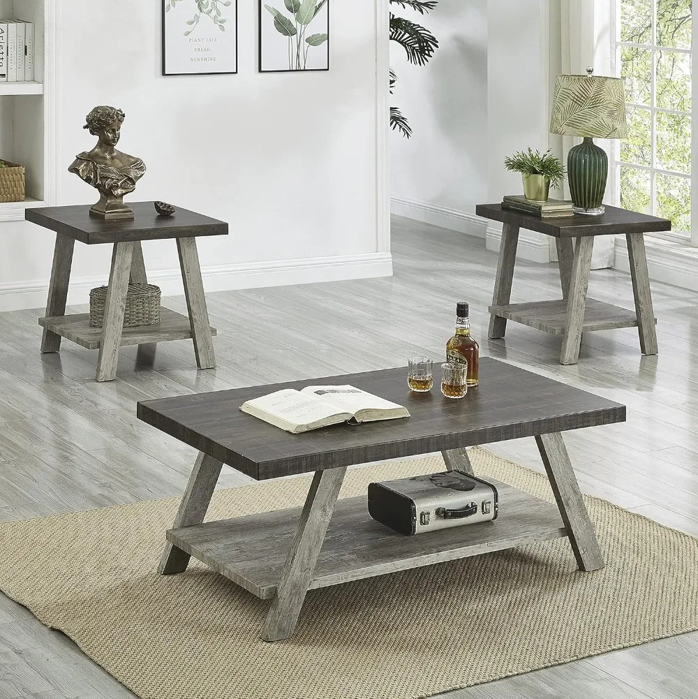 Roundhill Furniture Athens Contemporary 3-Piece Wood Shelf Coffee Table Set, 24D X 48W X 19H in, Walnut and Gray Furniture