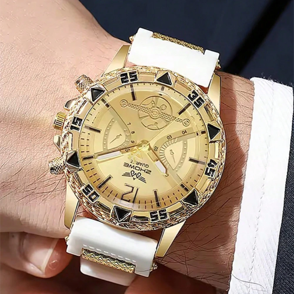 2pcs Large Dial Silicone Quartz Mens Watch with Bracelet Set