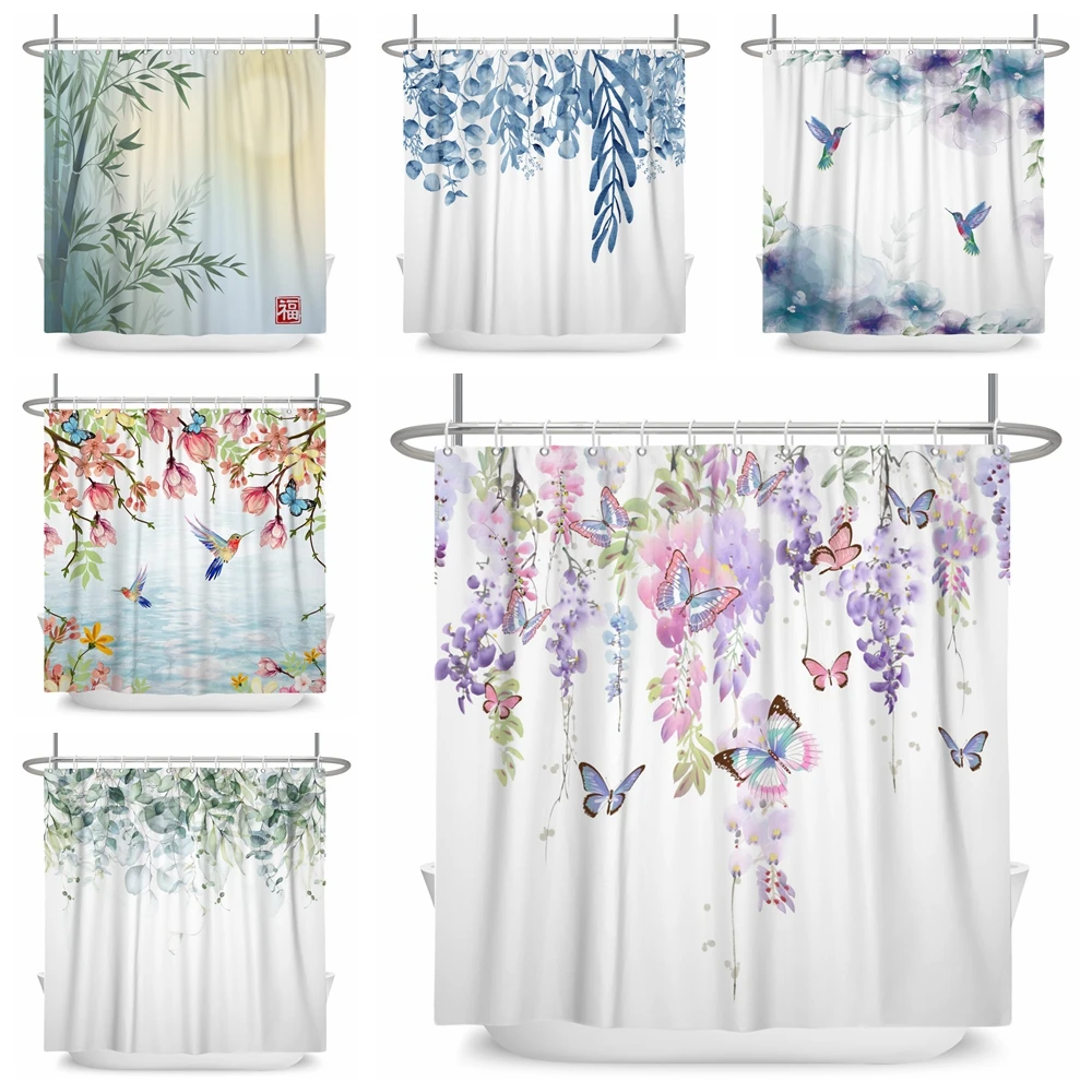 Green Leaves Plant Flower Butterfly Shower Curtain Wild Animal Waterproof Fabric Bath Curtain Bathroom Accessorie Decor shower curtains