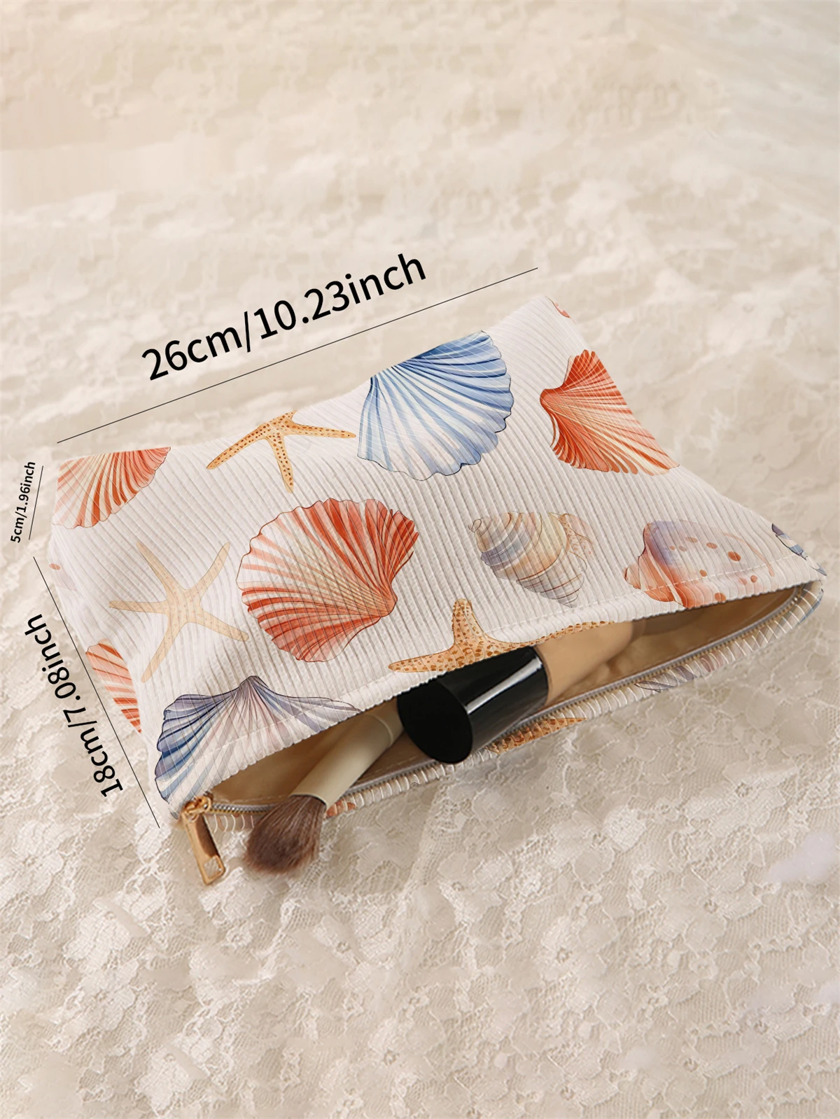 Ocean shell patterned corduroy makeup bag, lightweight zipper makeup storage box, multifunctional bag with lining