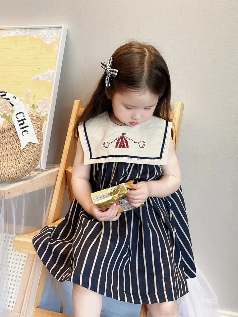 Children's Summer Pure Cotton Dress Sleeveless Big Neck Embroidered Stripe Casual Dress for Girls