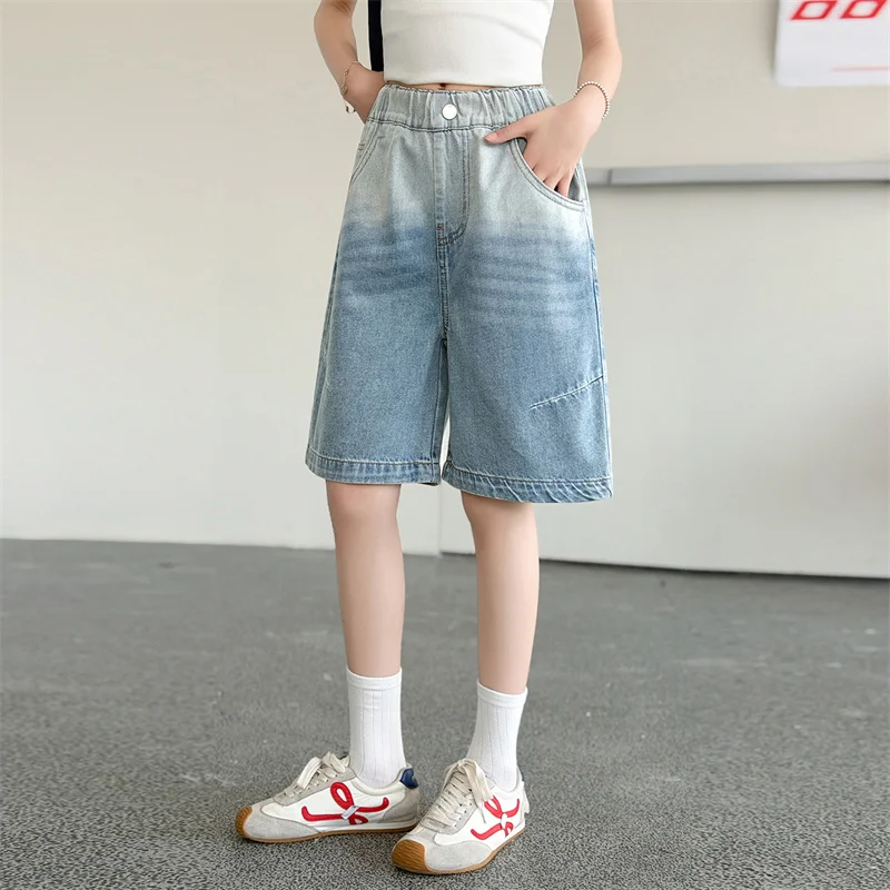 세련된 어린이 블루 그라데이션 데님 반바지 십대 소녀를위한 캐주얼 스트리트 바지 어린이 캐주얼 무릎 길이 여름 반바지