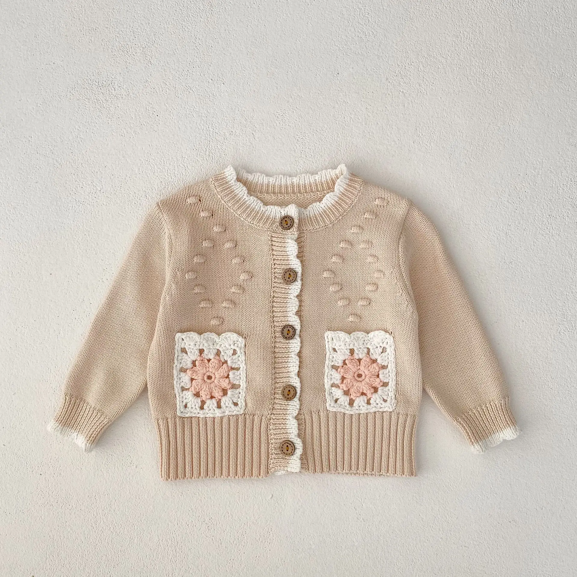 

2023 Autumn New Boy Girl Baby Knited Cardigan Hollow Out Pockets Sweater Children Cotton Casual Tops Jacket Infant Knitting Coat