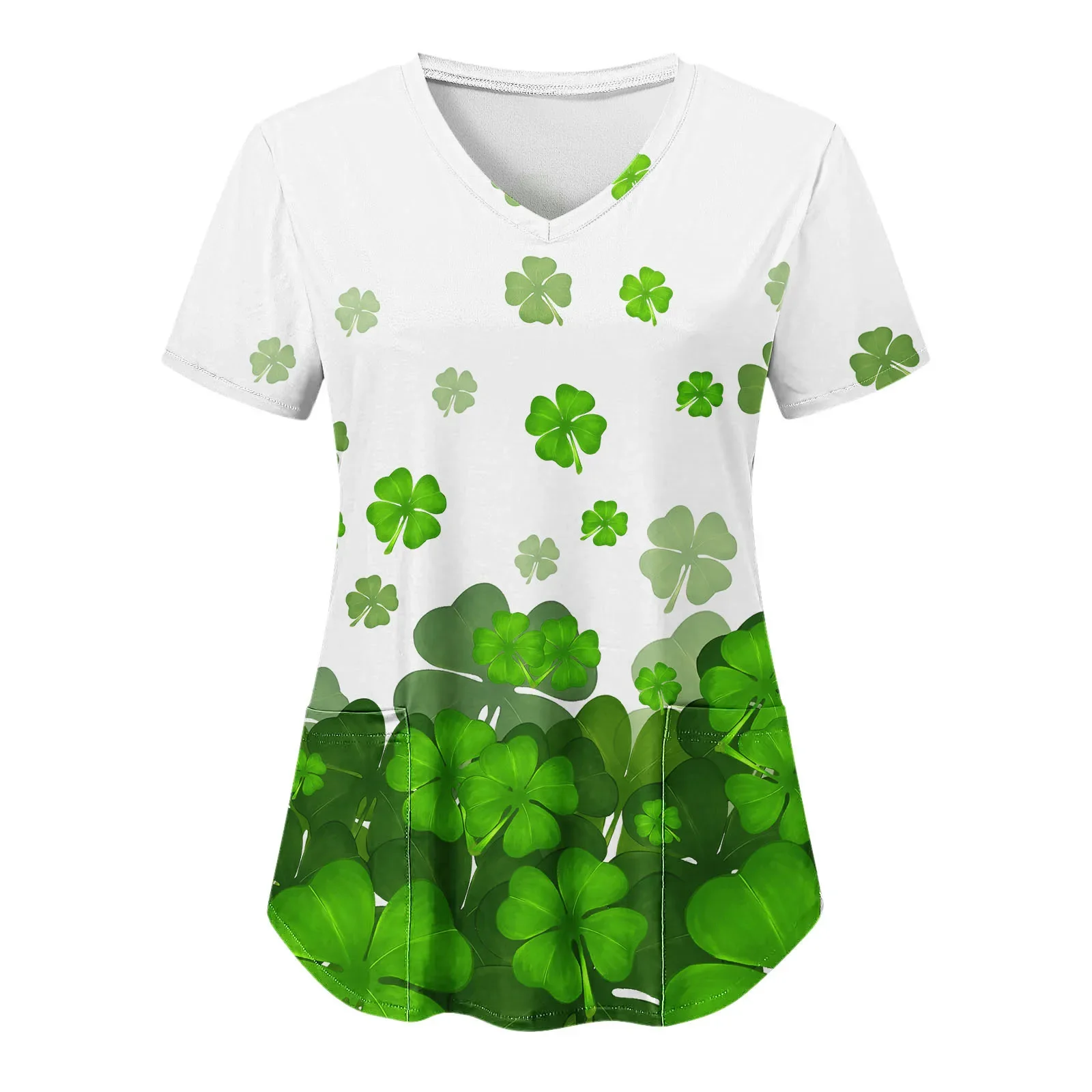

Women T Shirt Short Sleeve V Neck Scrub Uniform Green Clover Print Nursing Scrub Top St. Patrick's Day Carers Healthcare Uniform