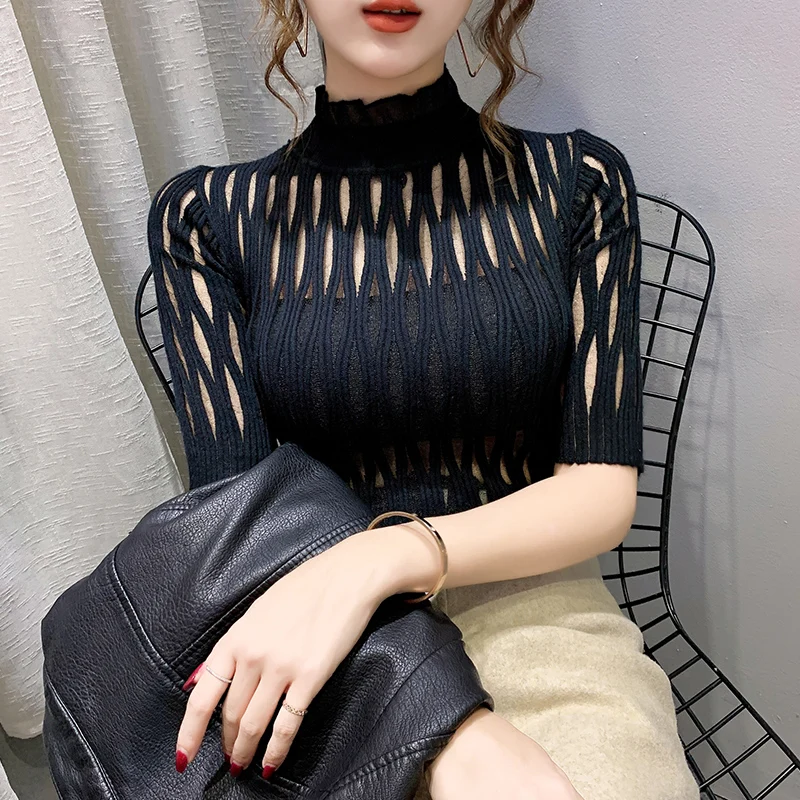 Sweater Pullover Women's Basic Color Spring  Autumn New Lace Half Turtleneck Sweater Hollow-out Half Sleeve Bottoming Shirt Top