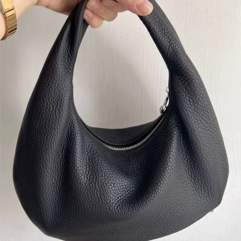 Retro Black Pebbled Texture Handbag Women Soft Leather Foldable Exquisite Purse Ladies Minimalist Fashion Versatile Crescent Bag