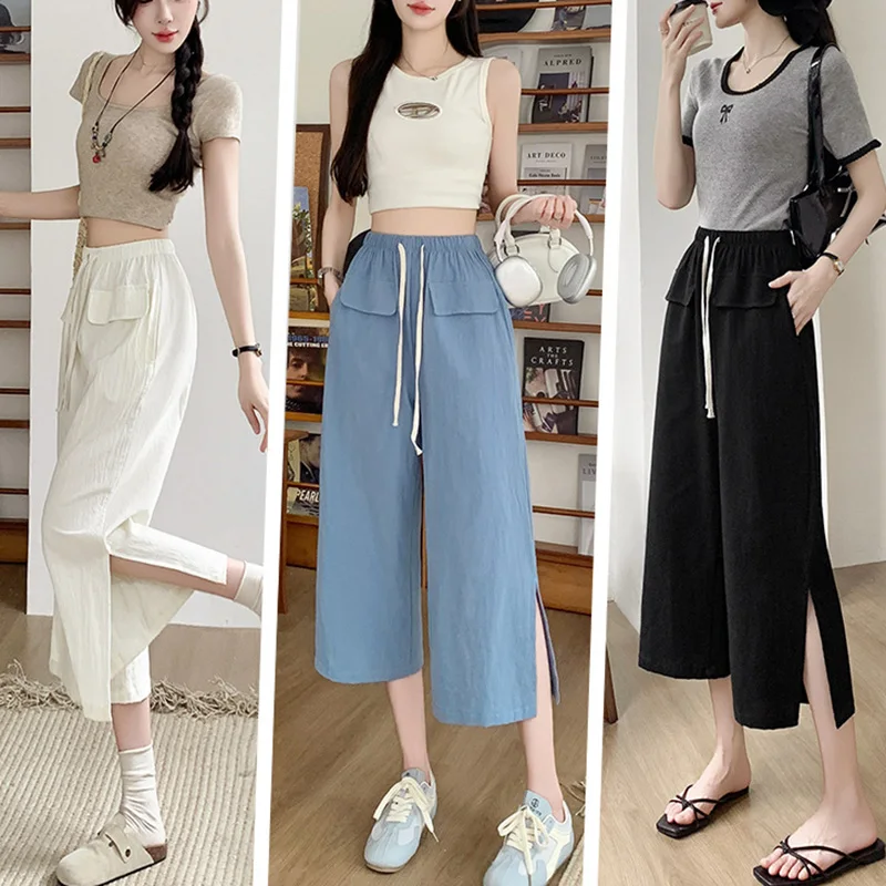 New Women Cotton Pants Casual Wide Leg Elastic Waist Loose style Female Trousers Spring Summer Women Calf-Length Pants
