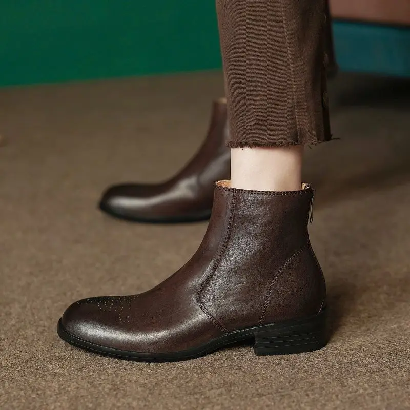 

Ботильоны женские в британском стиле, винтажные полусапожки из воловьей кожи, на молнии сзади, броги, круглый носок, в стиле ретро, на зиму/весну/осень