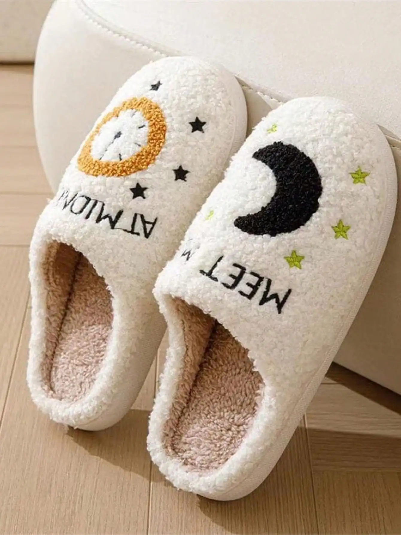 Fashion Trendy Moon Clock Winter Slippers for Women, Comfortable Daily Anti-Slip Indoor Home Fleece Plush Warm Slides 1