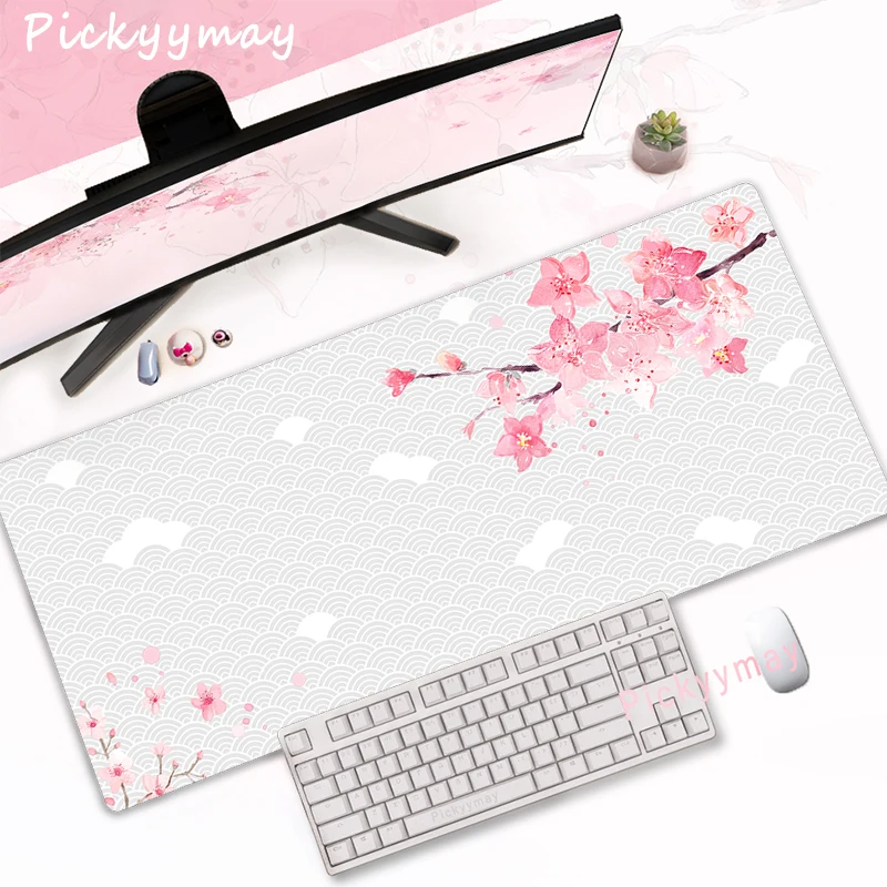 Alfombrilla de ratón rosa con flores de cerezo para ordenador de casa, alfombrilla grande para ratón de Pc, alfombra artística para teclado Sakura, alfombrilla de escritorio, accesorios de oficina