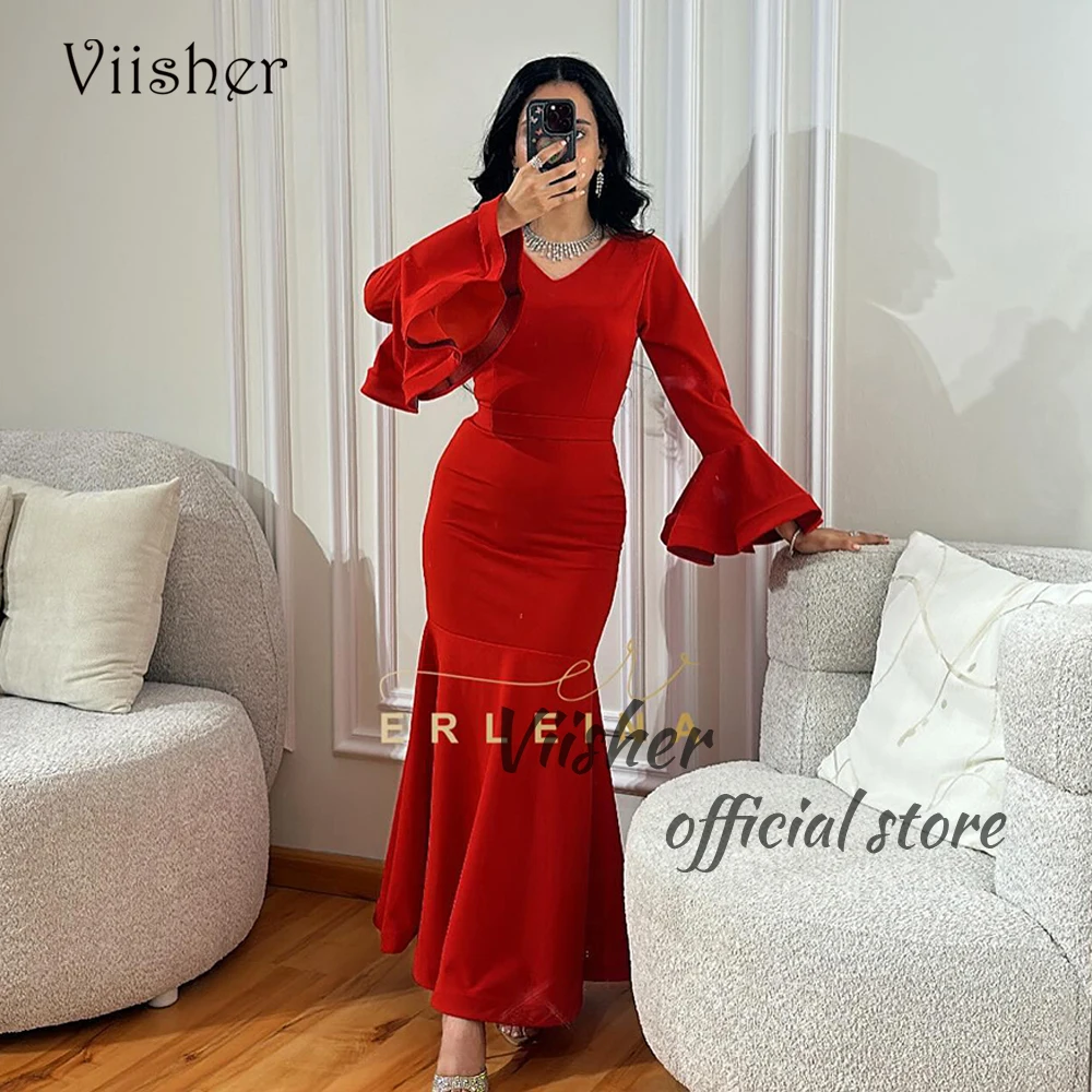 

Viisher Red Satin Mermaid Evening Dresses Long Sleeve V Neck Prom Dress Arabian Dubai Formal Occasion Gown Ankle Length