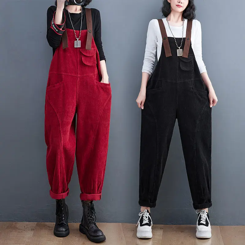 

Corduroy Overalls Women Autumn And Winter Loose Large Size Retro Tooling Suspenders Jumpsuit Slimming Harem Long Pants