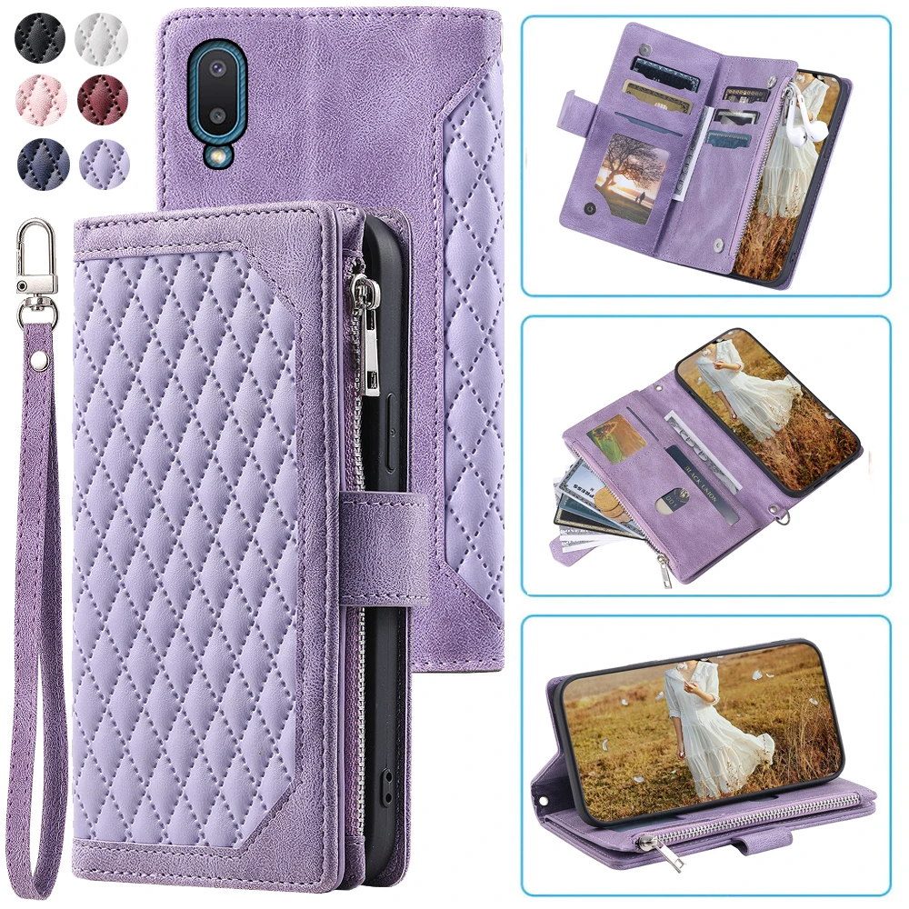 

Fashion Zipper Wallet Case For Samsung Galaxy A02 Flip Cover Multi Card Slots Cover Phone Case Card Slot Folio with Wrist Strap