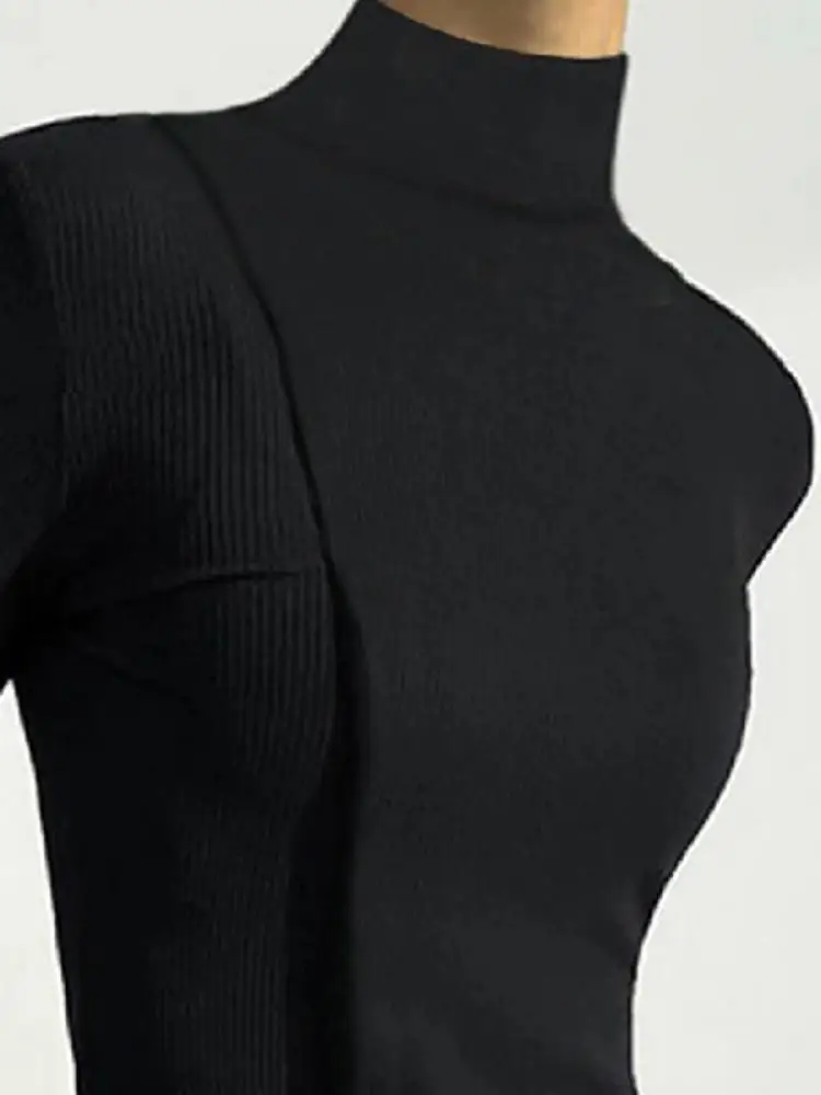 Women long sleeve t shirt Yeezzi Women Spring Autumn Long Sleeves Solid Color Split-Joint High Neck T-Shirts Fashion Simple Casual Trendy Tops
