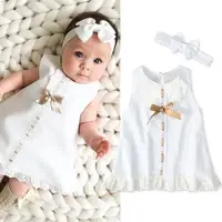 Newborn Baby Girl Sweet Solid Color Dress Infant Toddler Bow Lace Hem Sleeveless Dress with Headband Two-Piece Princess Dress 2