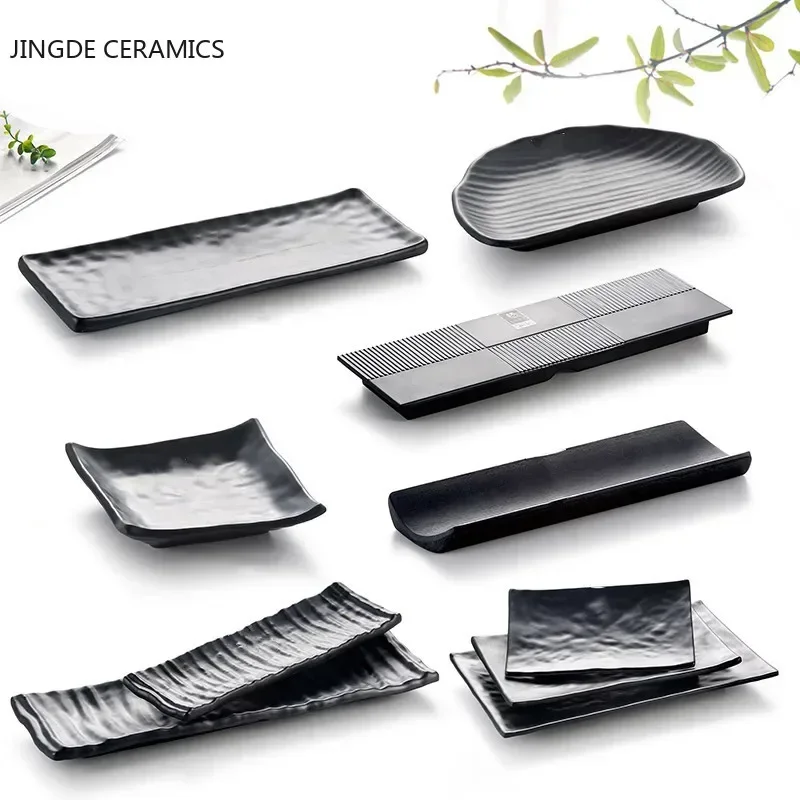 Barbecue Plate Black Scrub Striped Barbecue Meat Sushi Plate Melamine Kitchen Cutlery Korean Cuisine Saury Fruit Dessert Sushi Storage Plate