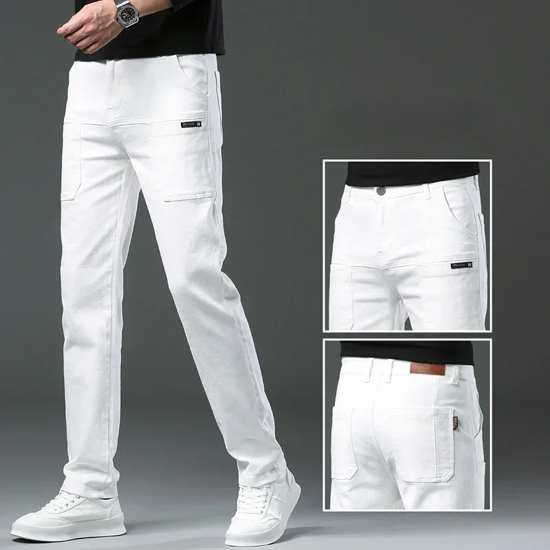 Men White Khaki Fabric Cotton Joggers Cargo Pants Classic Style Slim Trousers Male Brand Clothing Korea High Quality Y2K Jeans 2